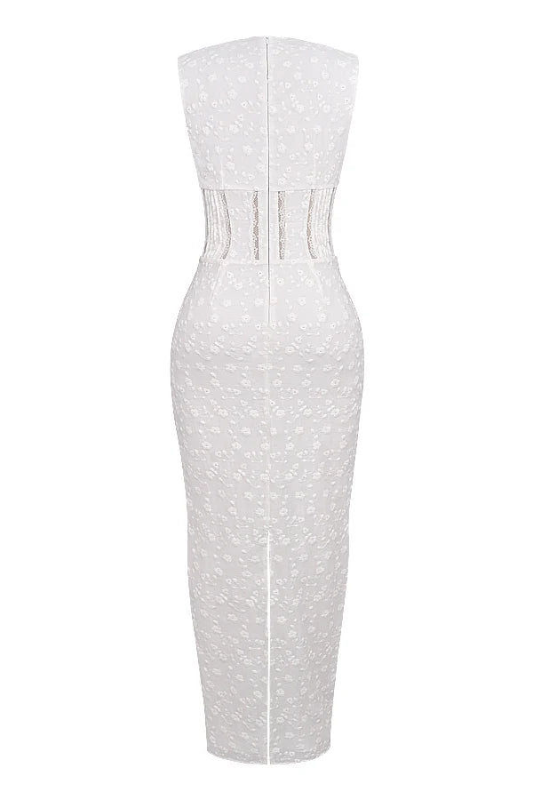 white cotton broderie anglais plunge maxi dress