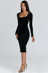 black velvet silhouette midi dress