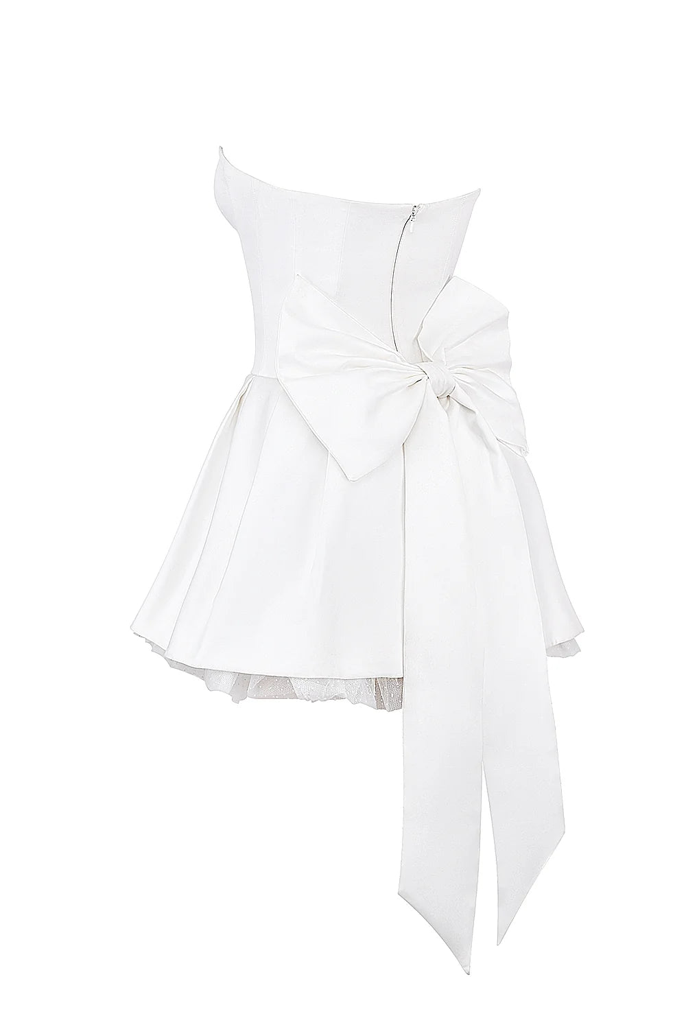 white satin strapless bow mini gown