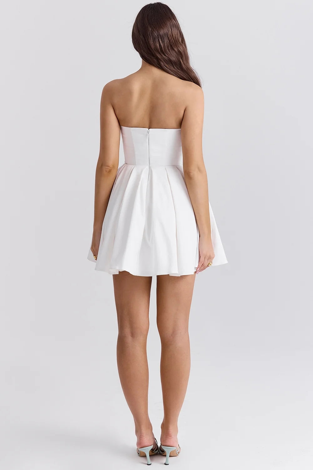white strapless pleated mini dress