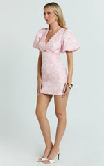 Diana Mini Dress Jacquard Short Sleeve Cut Out Dress in Light Pink