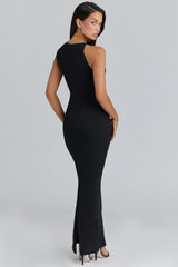 black asymmetric draped maxi dress