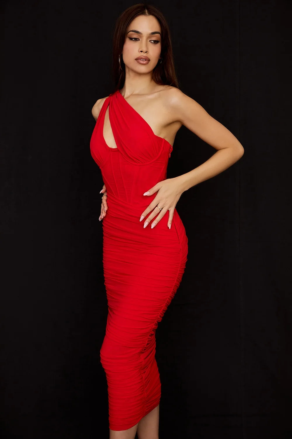 scarlet asymmetric cutout midi dress