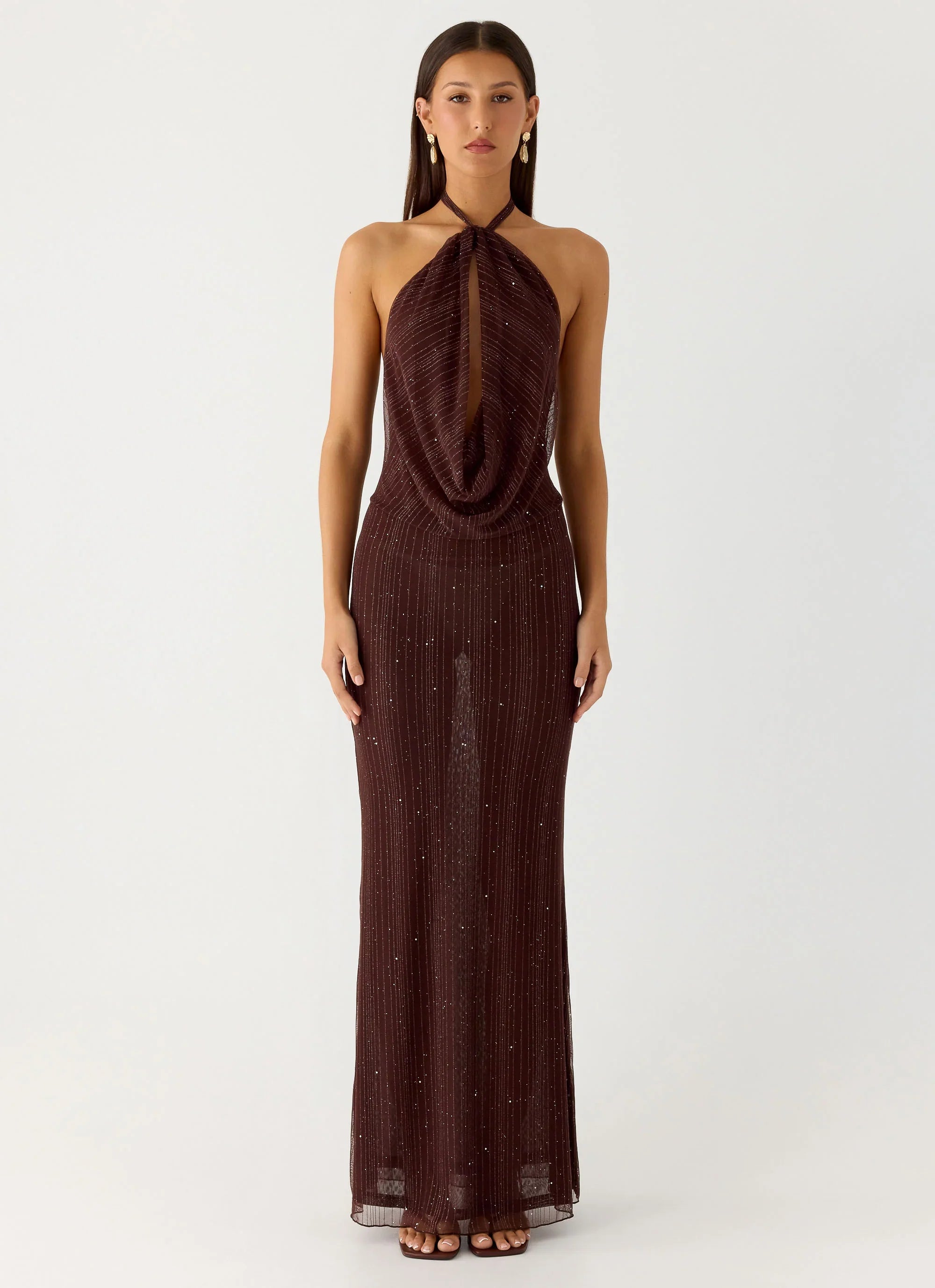 Haylan Sparkle Mesh Maxi Dress Chocolate