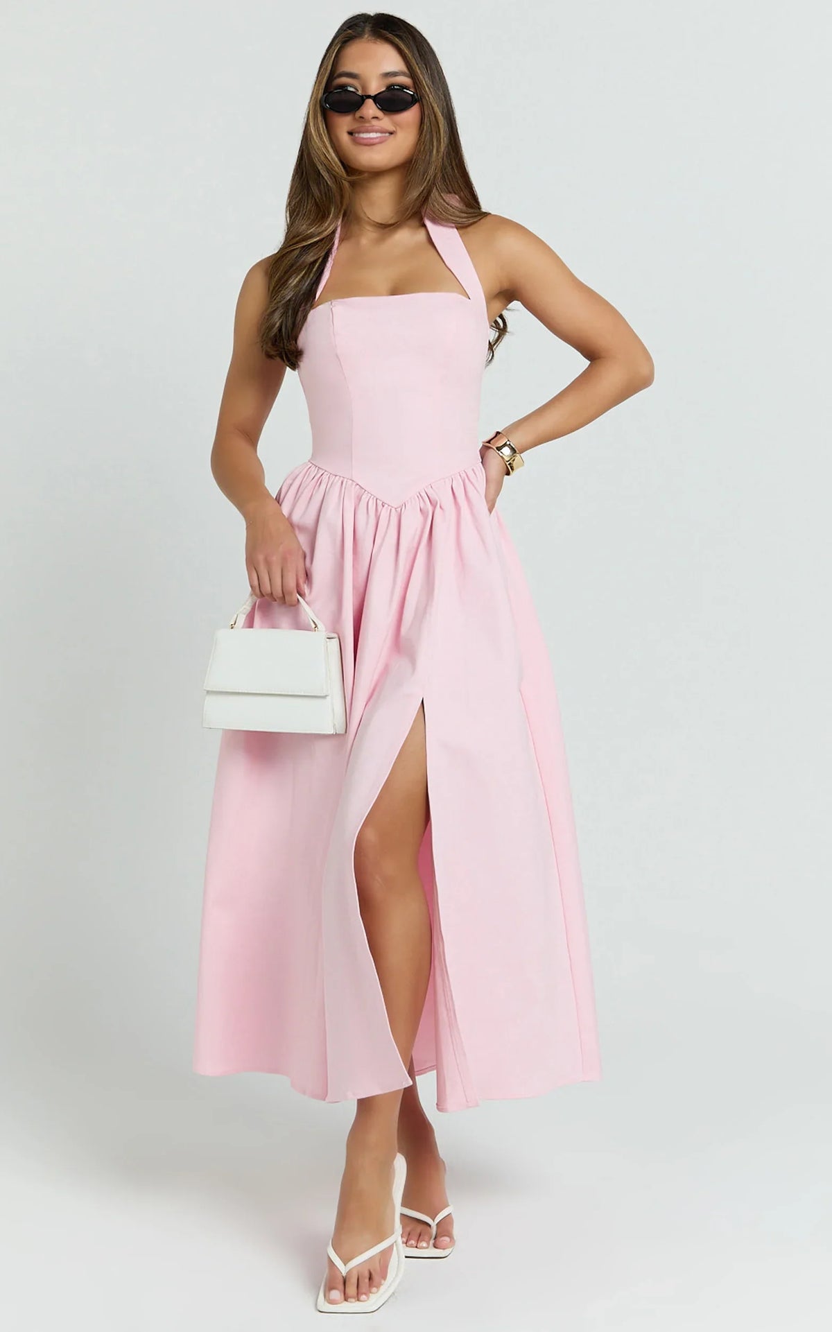 Helda Midi Dress Halter Tie Neck Corset Panel Dress in Pink