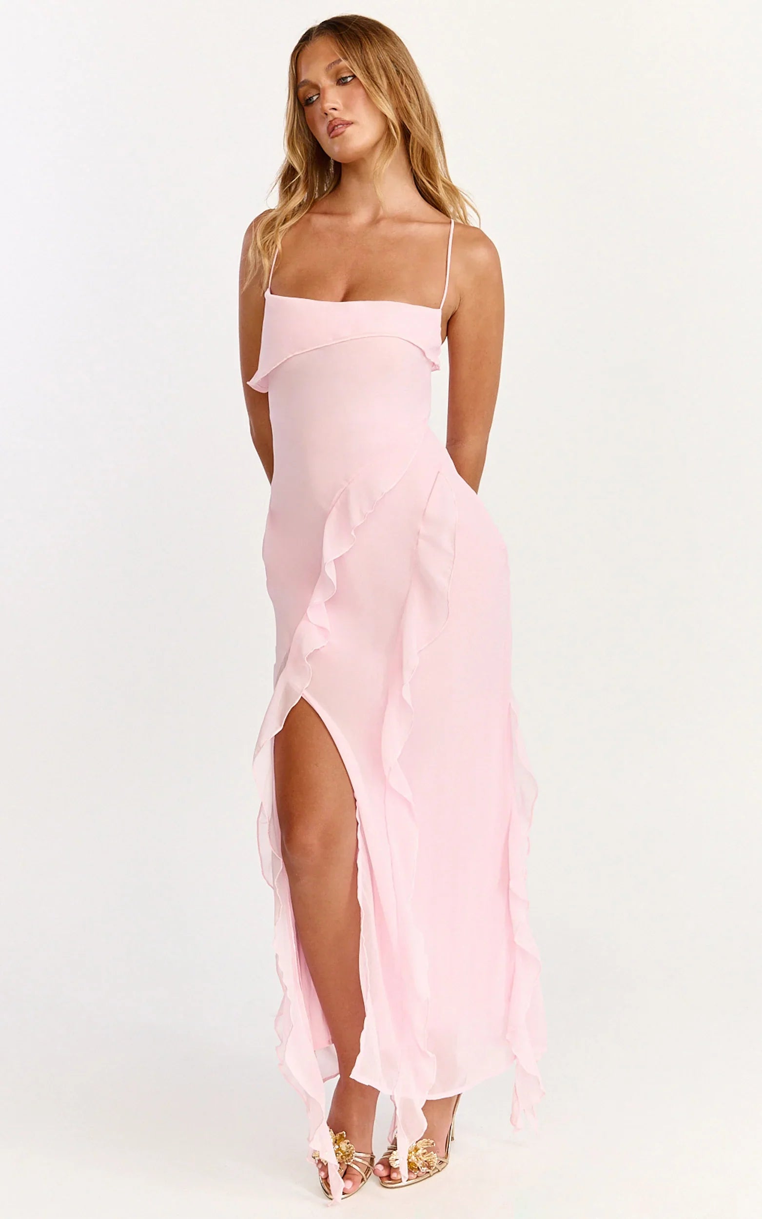 Connie Midi Dress Ruffle Detail Dress in Pink