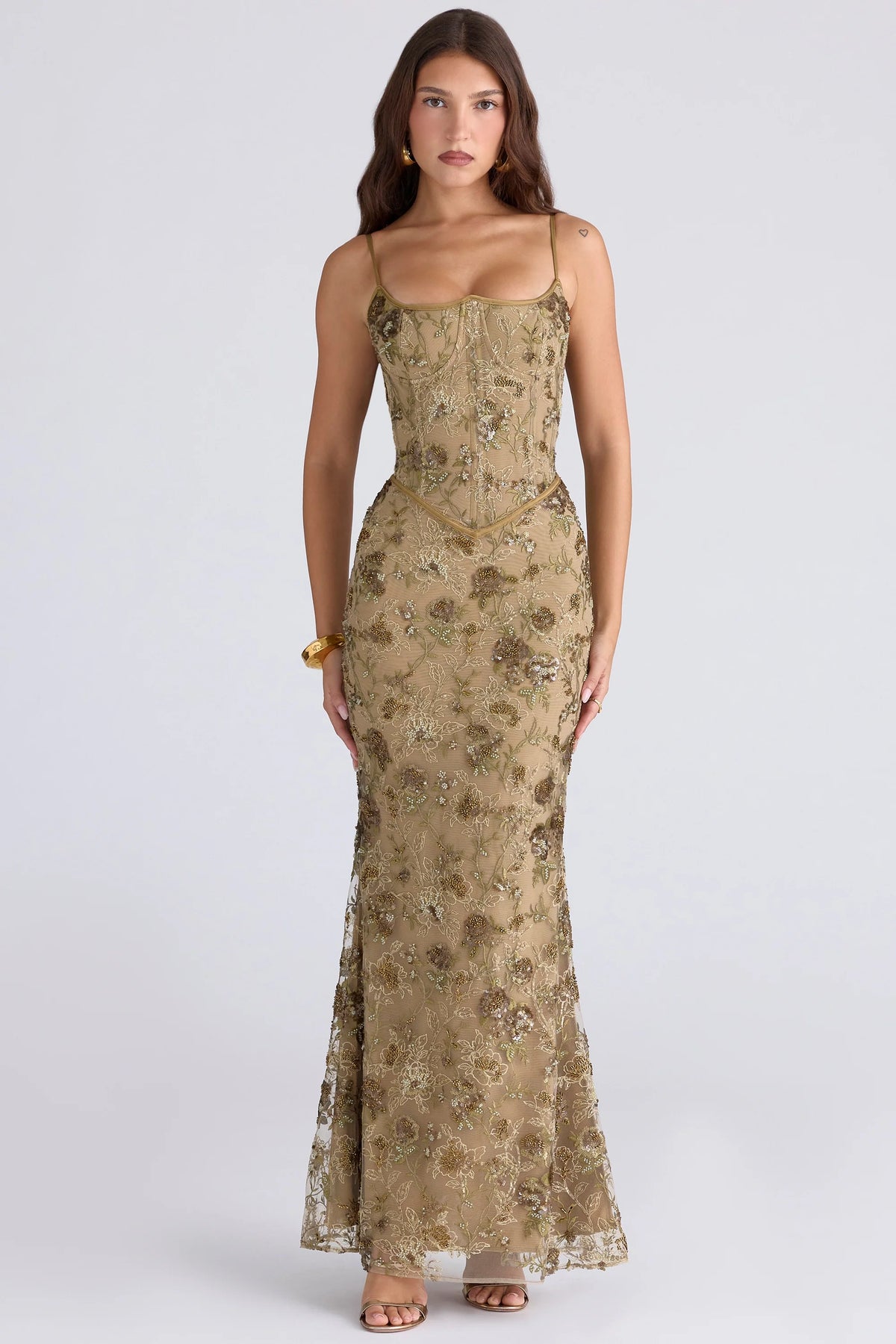 olive bronze hand beaded embellished corset maxi dress limited edition