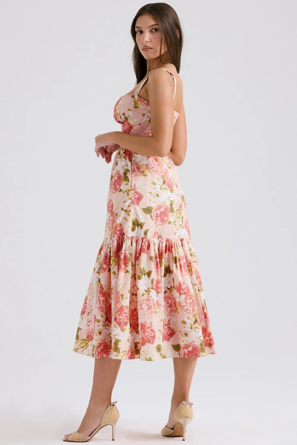 pink peony print cotton midi sundress