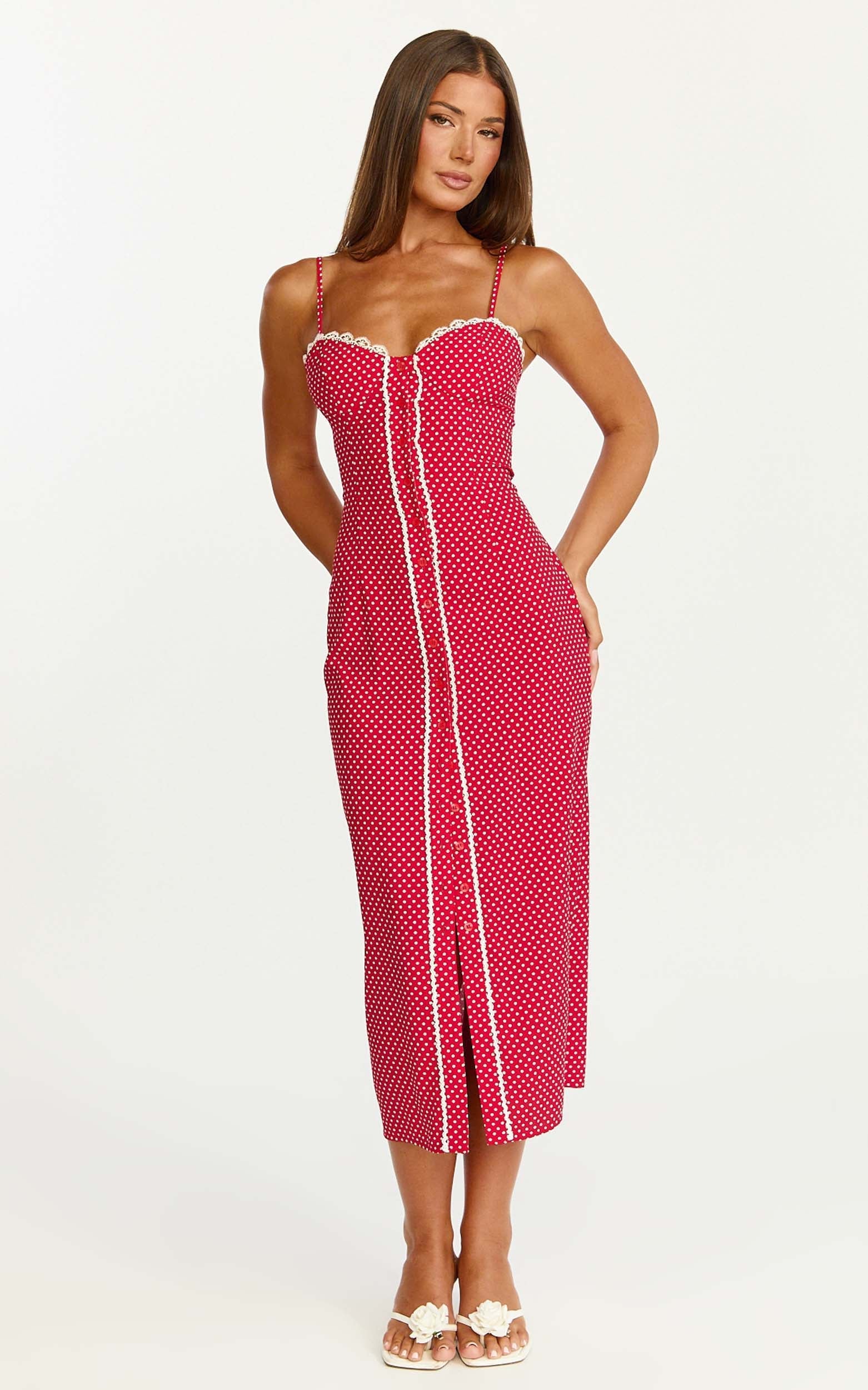 Camille Midi Dress Button Front Bustier Lace Trim Fitted Dress in Red