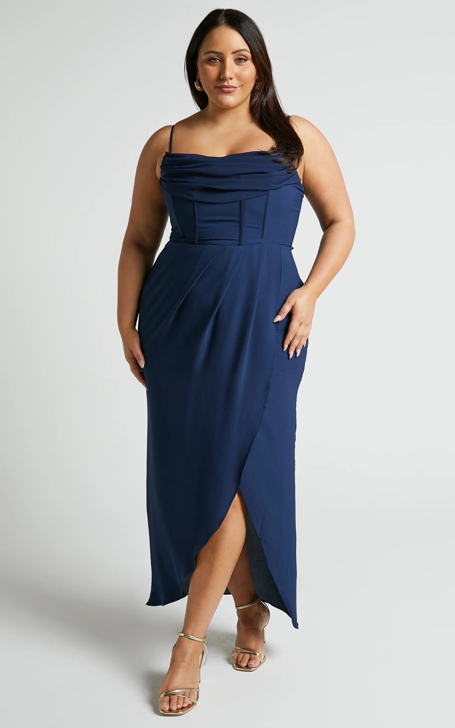 Andrina Midi Dress High Low Wrap Corset Dress in Navy