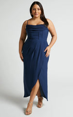 Andrina Midi Dress High Low Wrap Corset Dress in Navy
