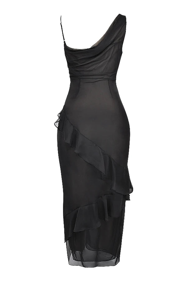 black ruffle maxi dress