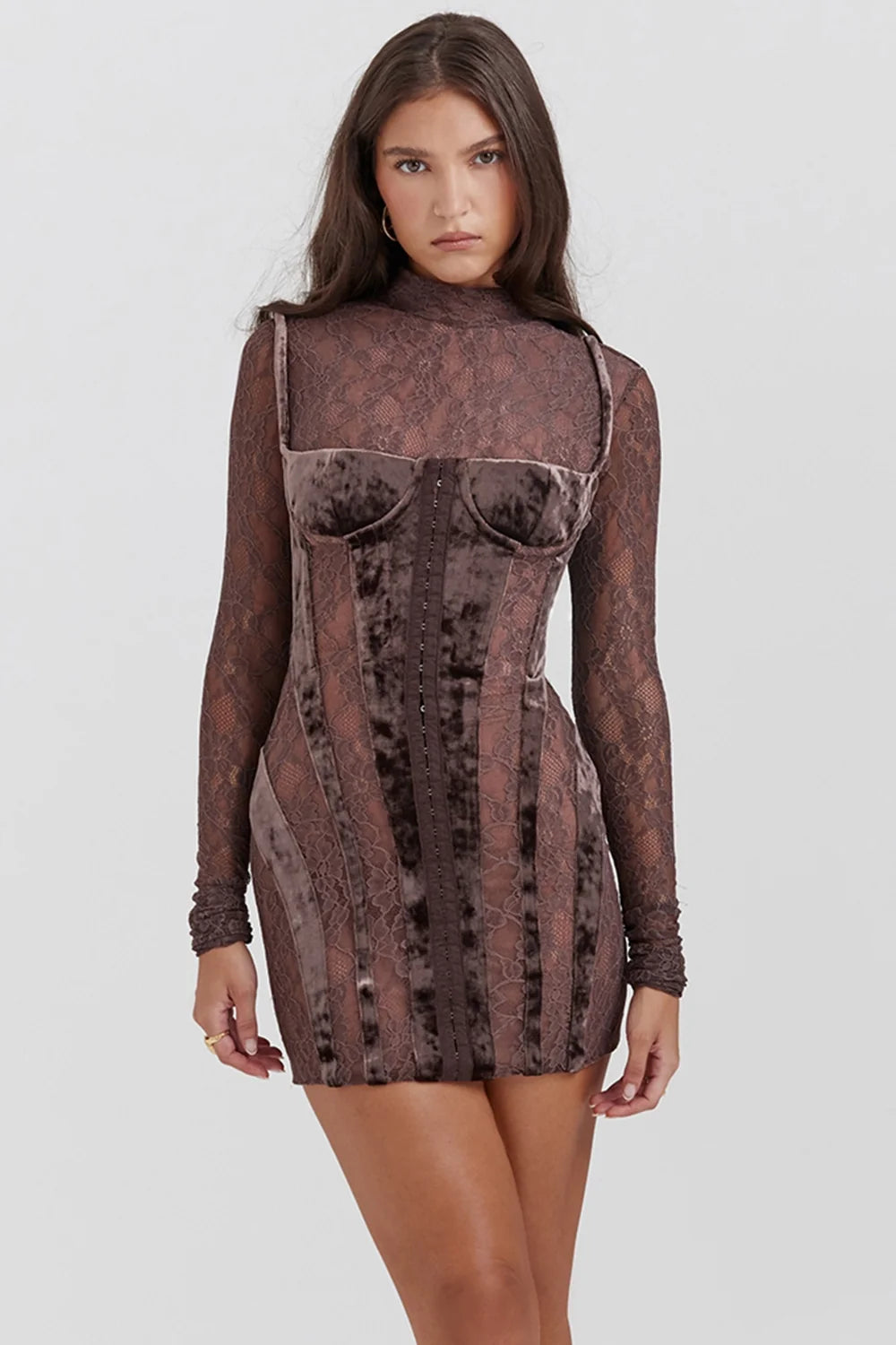 brown velvet lace corset dress