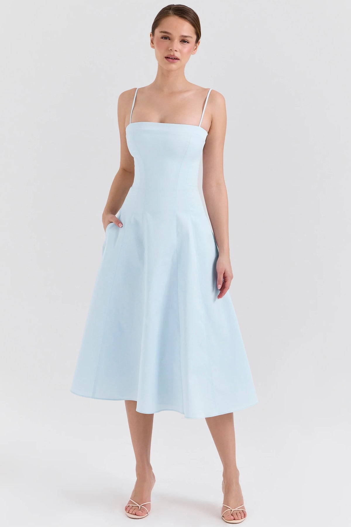 soft blue stretch cotton a line midi sundress