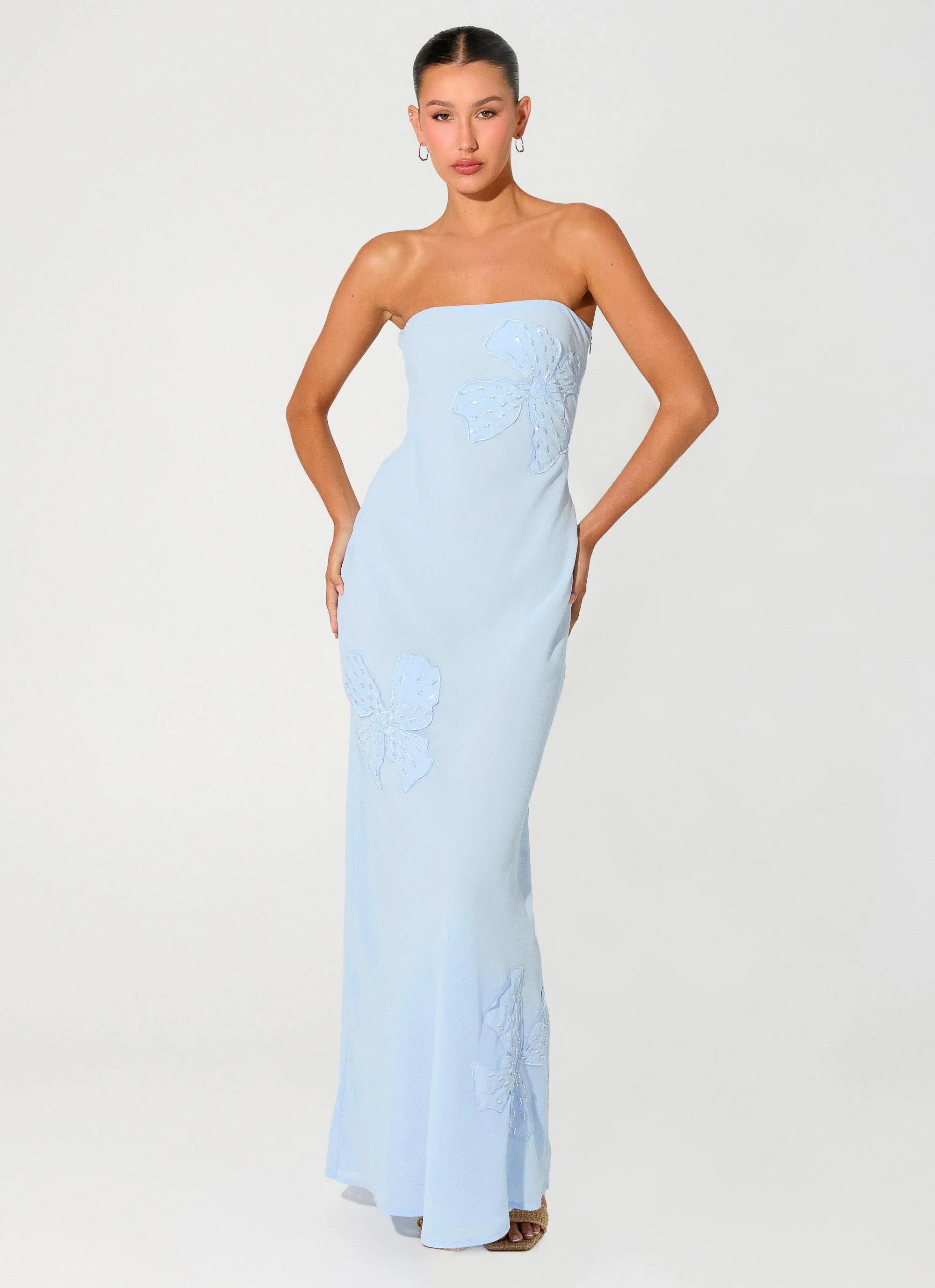 Sassafras Beaded Flower Strapless Maxi Dress Blue