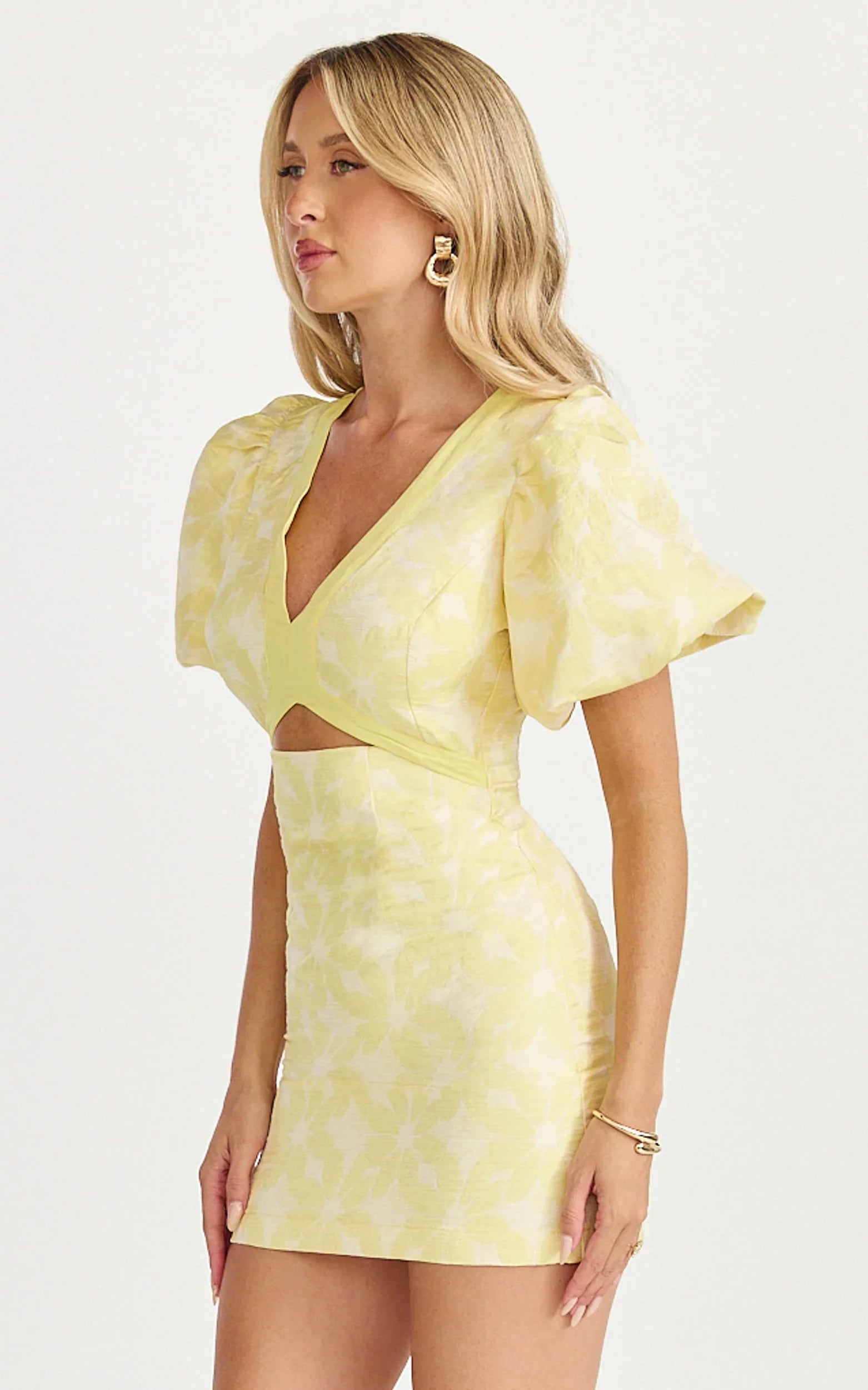 Diana Mini Dress Jacquard Short Sleeve Cut Out Dress in Lemon
