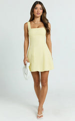 Adiana Mini Dress Linen Square Neck Shirred Back A Line Dress in Lemon