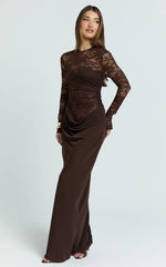 Crisanta Maxi Dress Long Sleeve Contrast Lace Bodycon Dress in Chocolate