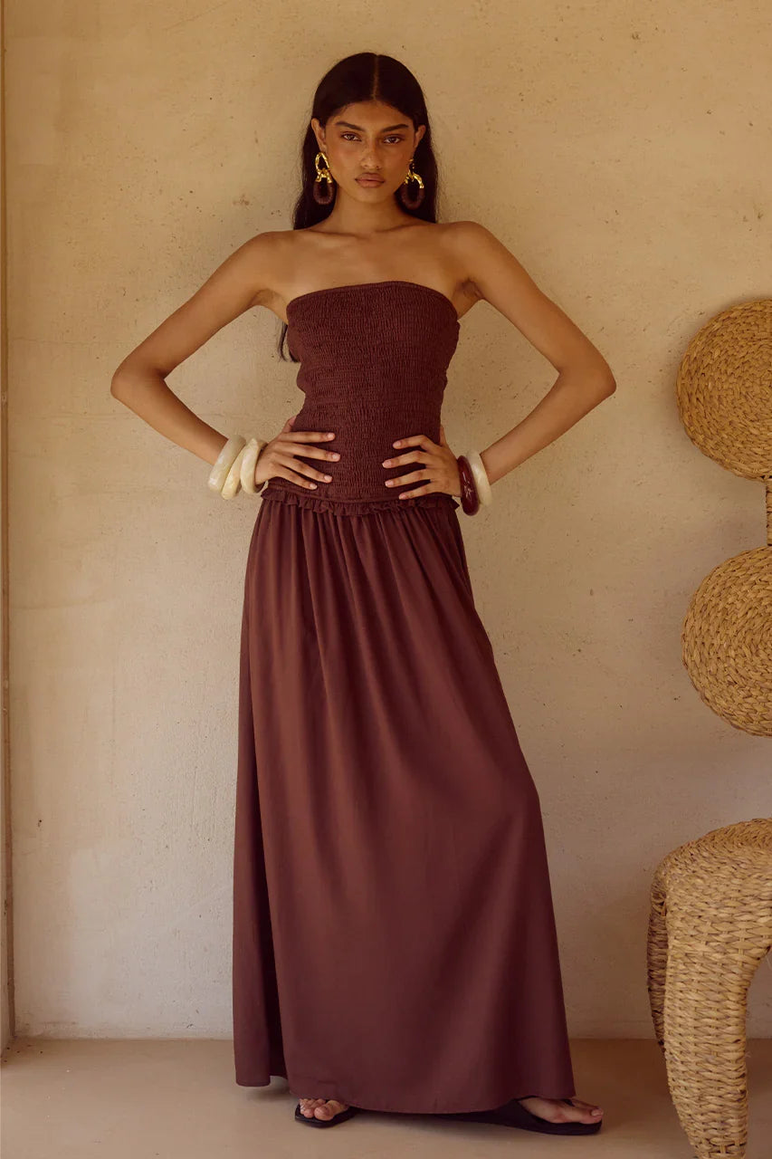 FLEUR SHIRRED STRAPLESSS MAXI DRESS CHOCOLATE