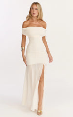 Alanna Maxi Dress Off Shoulder Ruched Mesh Dress in Cream