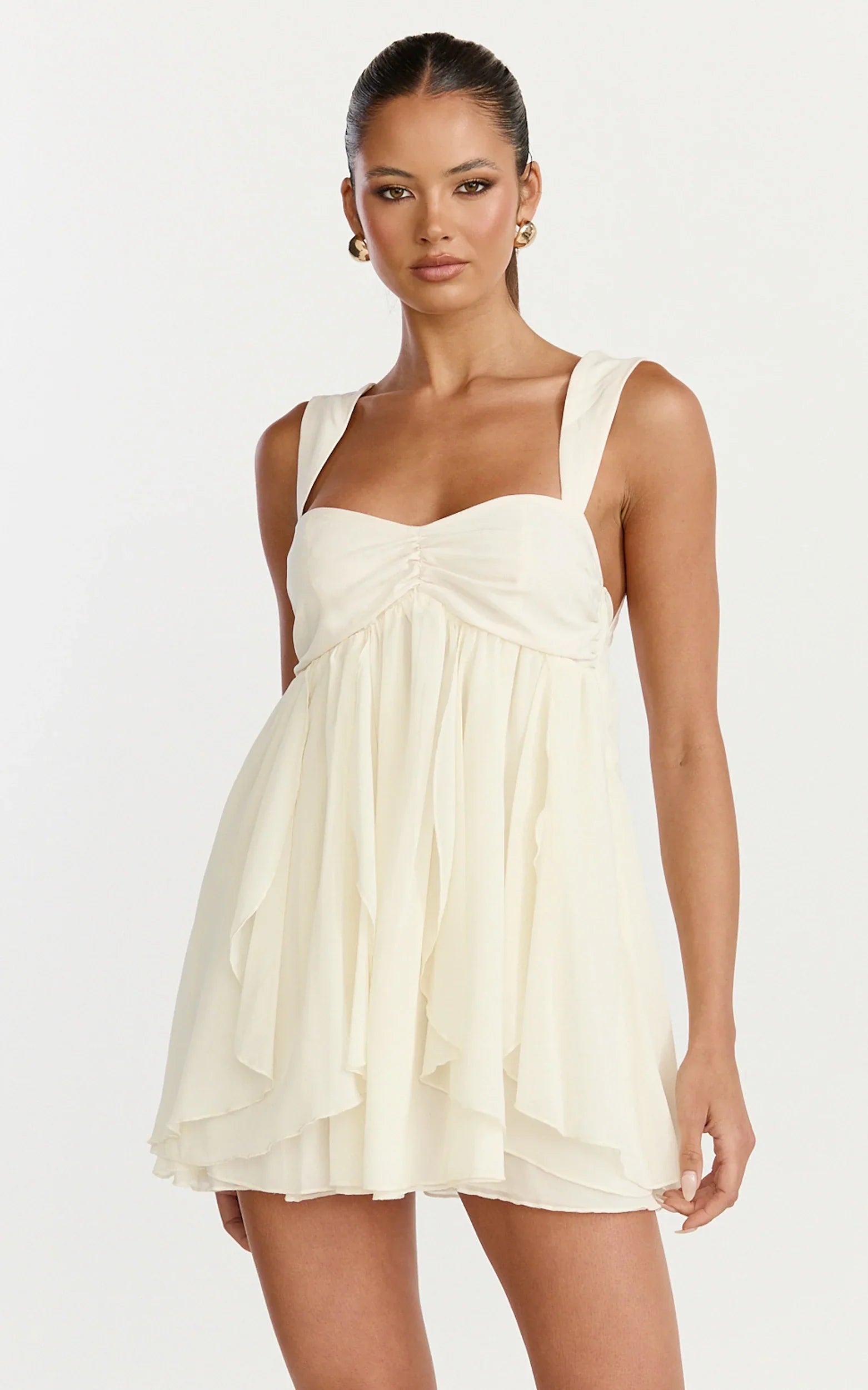 Juliette Mini Dress Ruffle Fit And Flare Dress in Cream