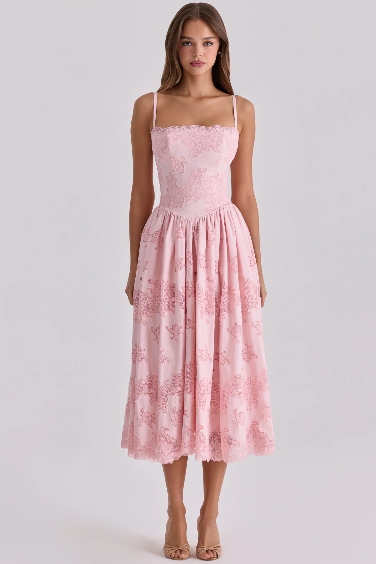pink cotton broderie anglais lace midi sundress