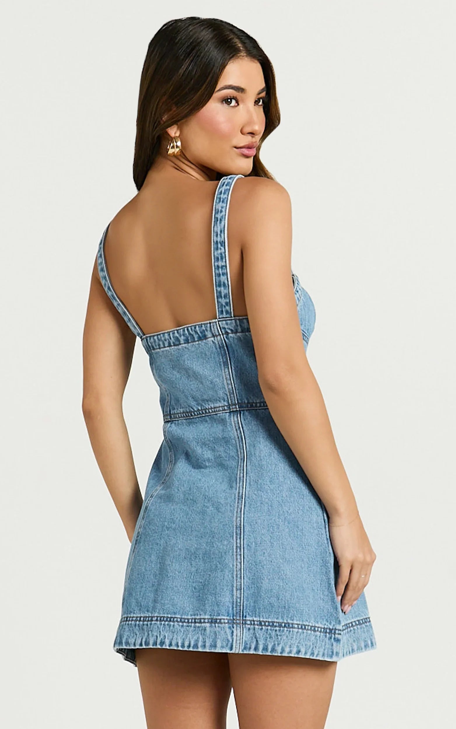 Alena Mini Dress Sweetheart Button Down Sleeveless Bodycon Denim Dress in Mid Blue Wash
