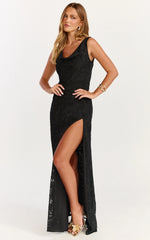 Rachel Maxi Dress Cowl Neck Jacquard Front Split Dress in Black