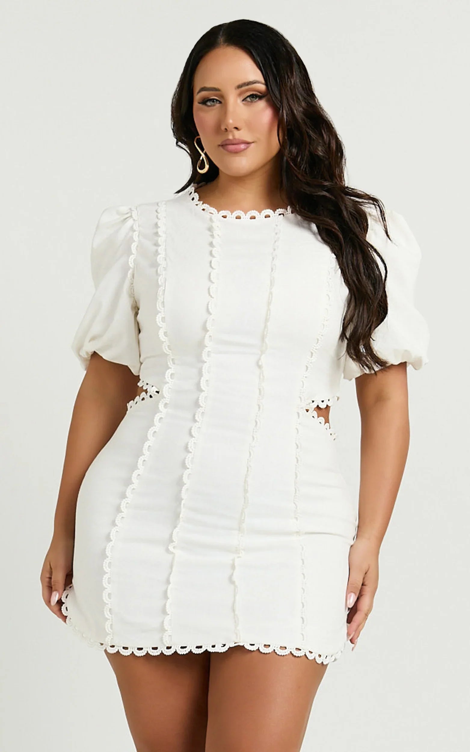 Laila Mini Linen Blend Dress High Neck Side Cut Out Puff Sleeve Straight Dress in Off White