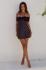 KADIE OFF SHOULDER MINI DRESS BLACK WHITE POLKA