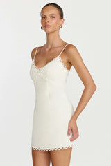 Loya Mini Dress Scallop Lace Trim Mini Dress in Off White