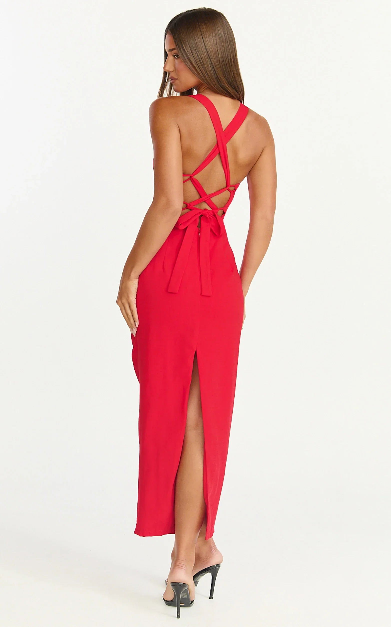 Lila Midi Dress V Neck Corset Top Bodycon Dress in Red
