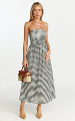 Polly Midi Dress Strapless Ruched Dress in Black Check