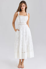 white stretch cotton broderie anglaise midi dress