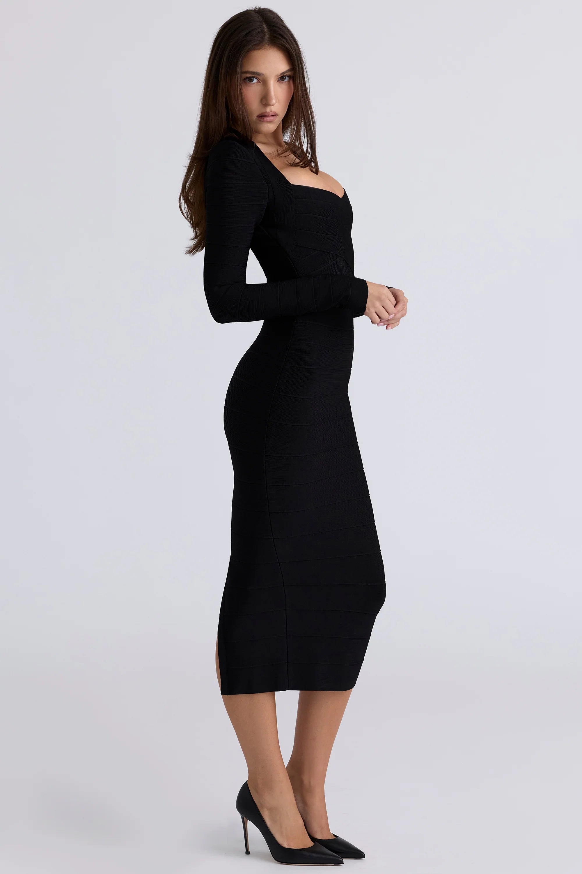 black long sleeve bandage midi dress