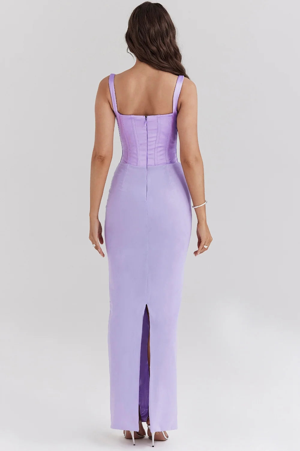 orchid satin corset maxi dress