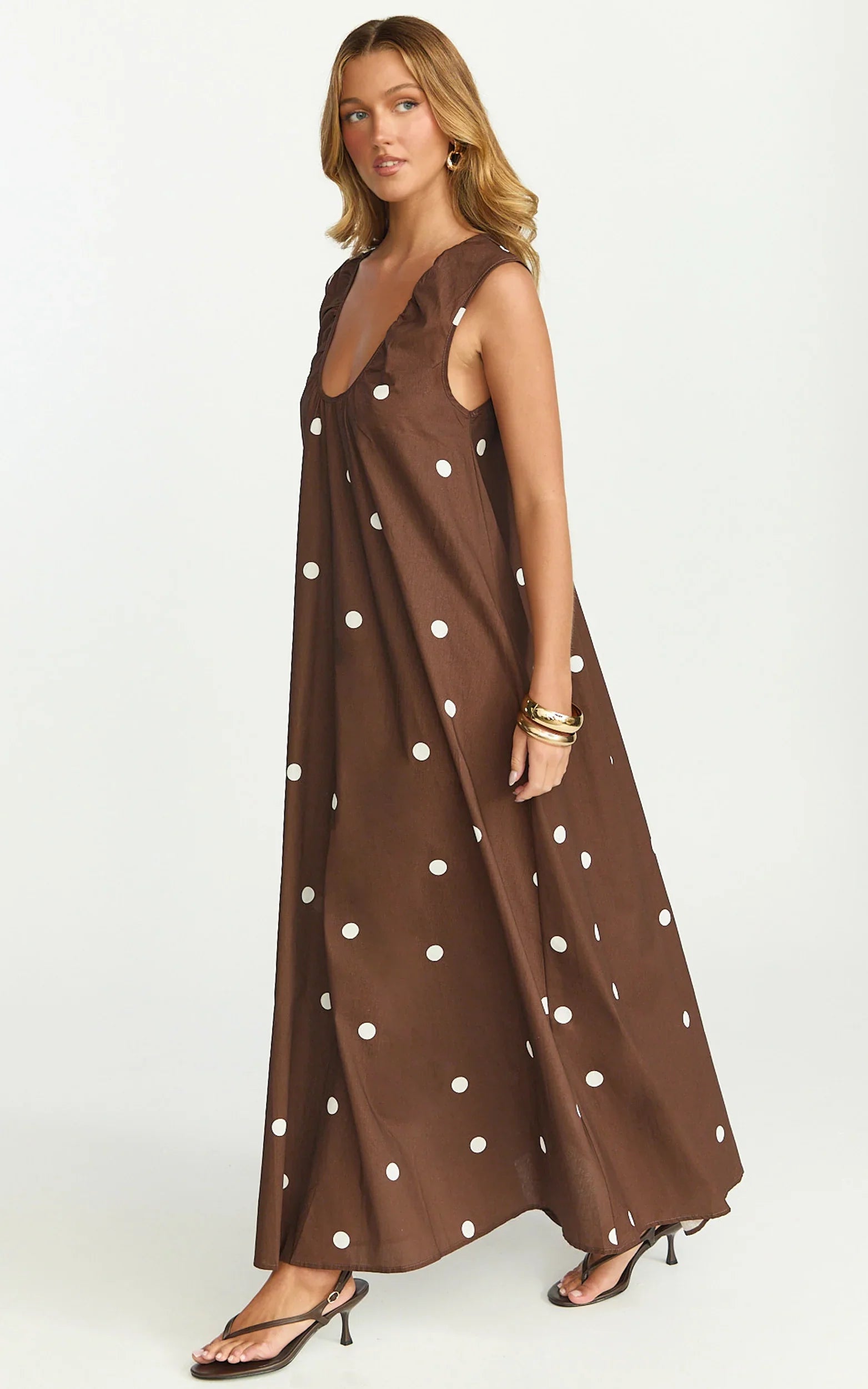 Simone Maxi Dress U Halter Neck Linen Polkadot Dress in Chocolate