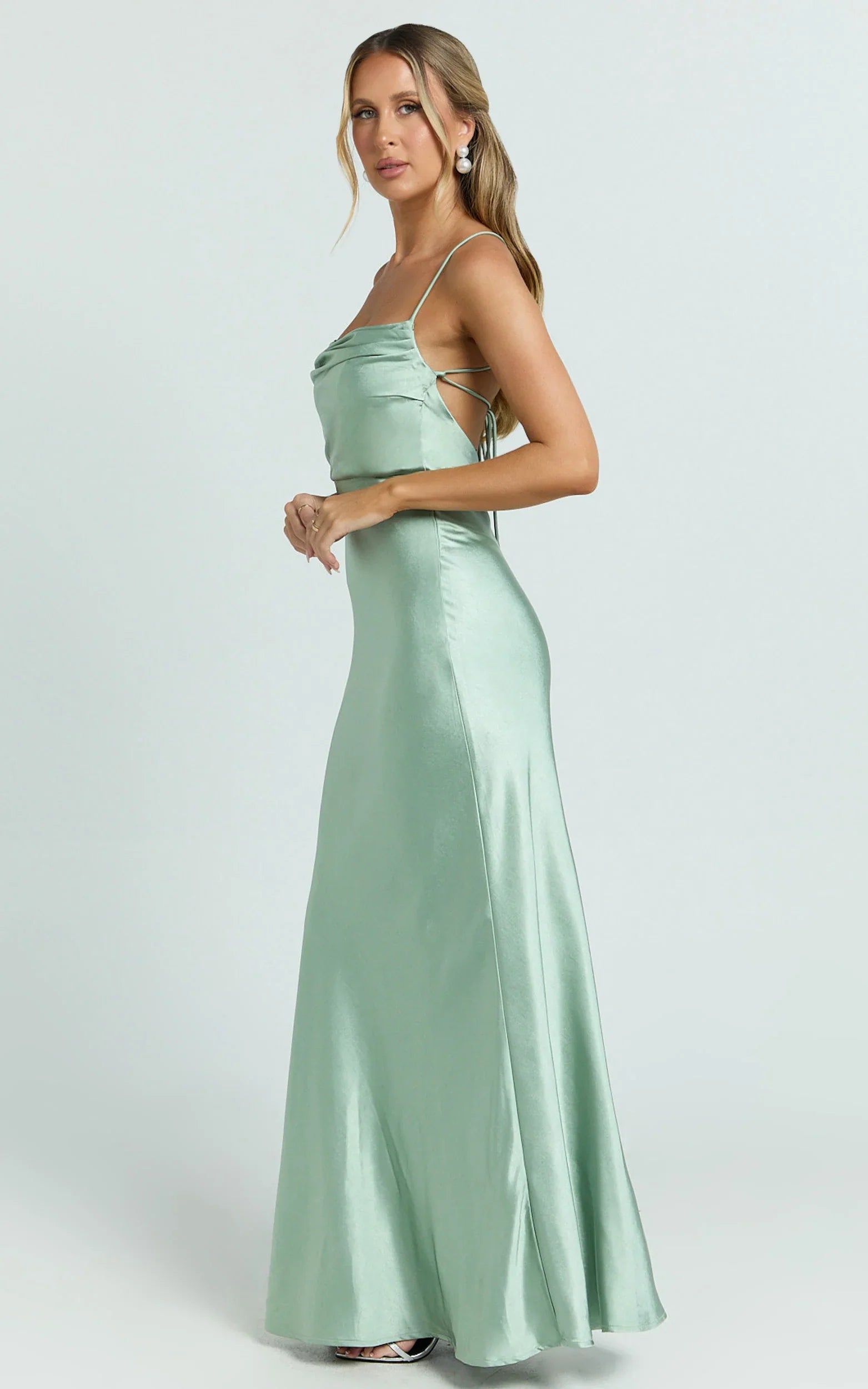 Hanna Maxi Dress Satin Cowl Neck Low Back Dress in Sage