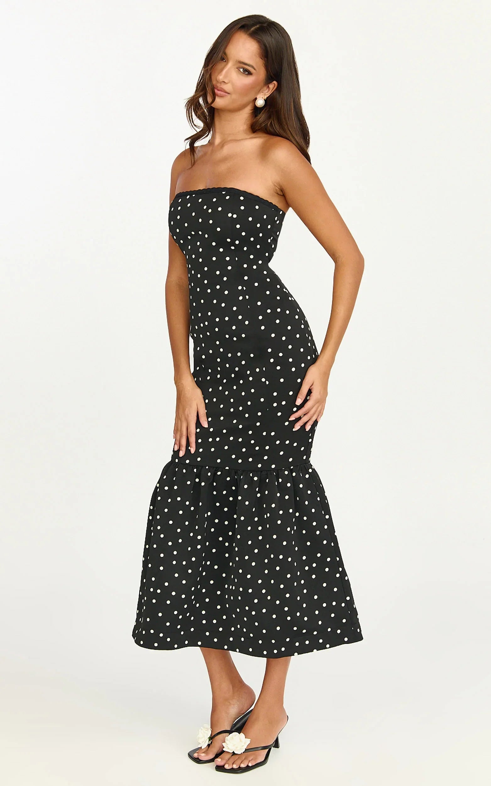 Seraphina Midi Dress Polka Dot Strapless Lace Neck Gathered Mermaid Skirt Dress in Black Polka Dot