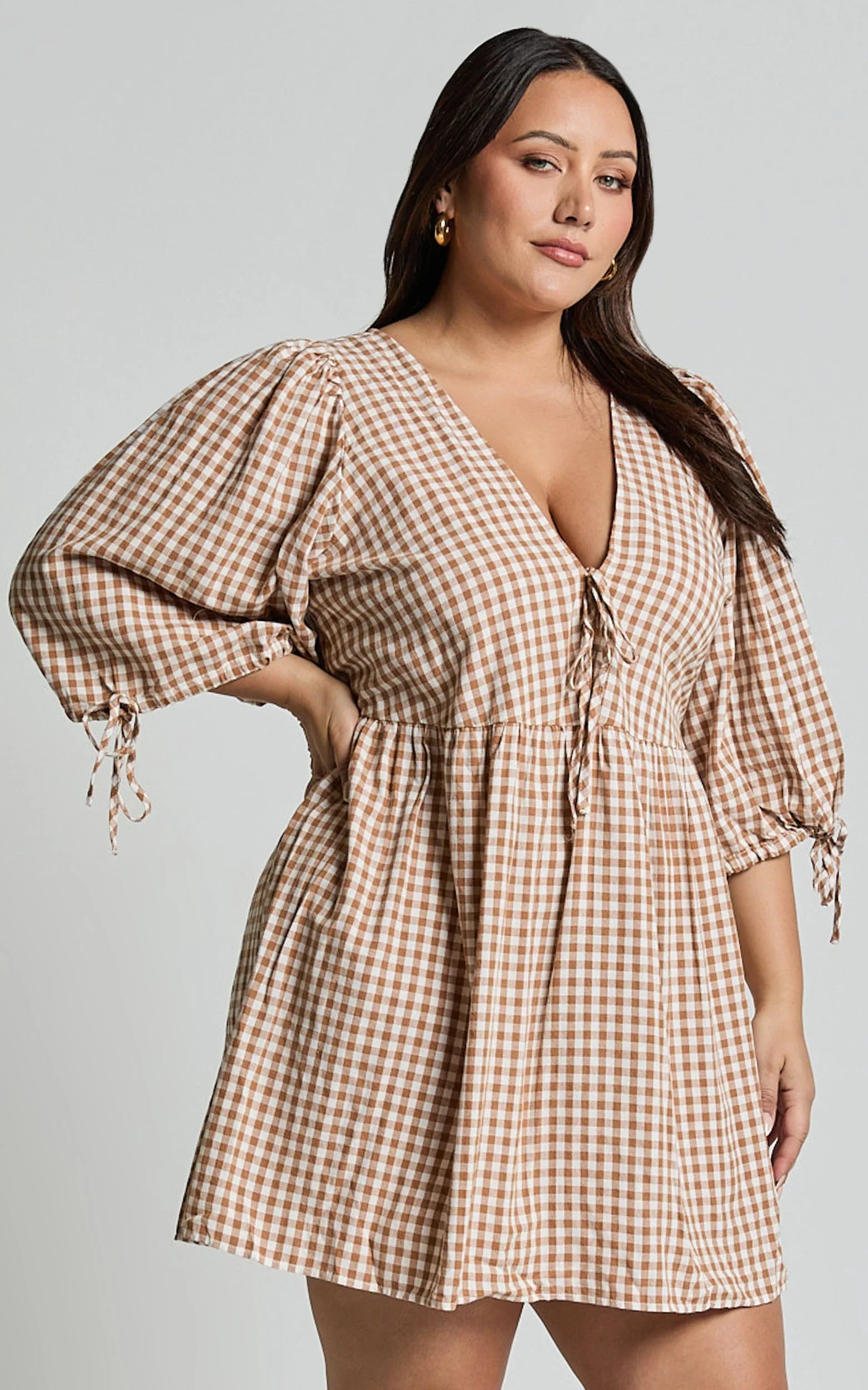 Rosita Mini Dress Tie Front Puff Sleeve Dress in Caramel White Gingham