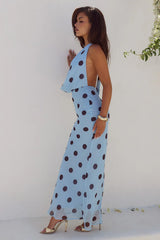 LEXIE LOW PLUNGE HALTER MAXI DRESS SKY BLUE CHOC POLKA