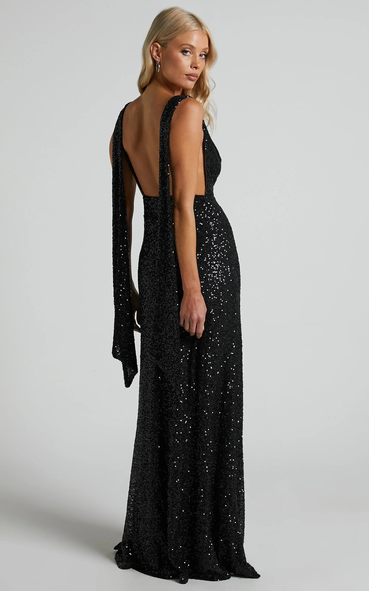 Malisha Maxi Dress Sequin Cowl Neck Backless Dress in Black