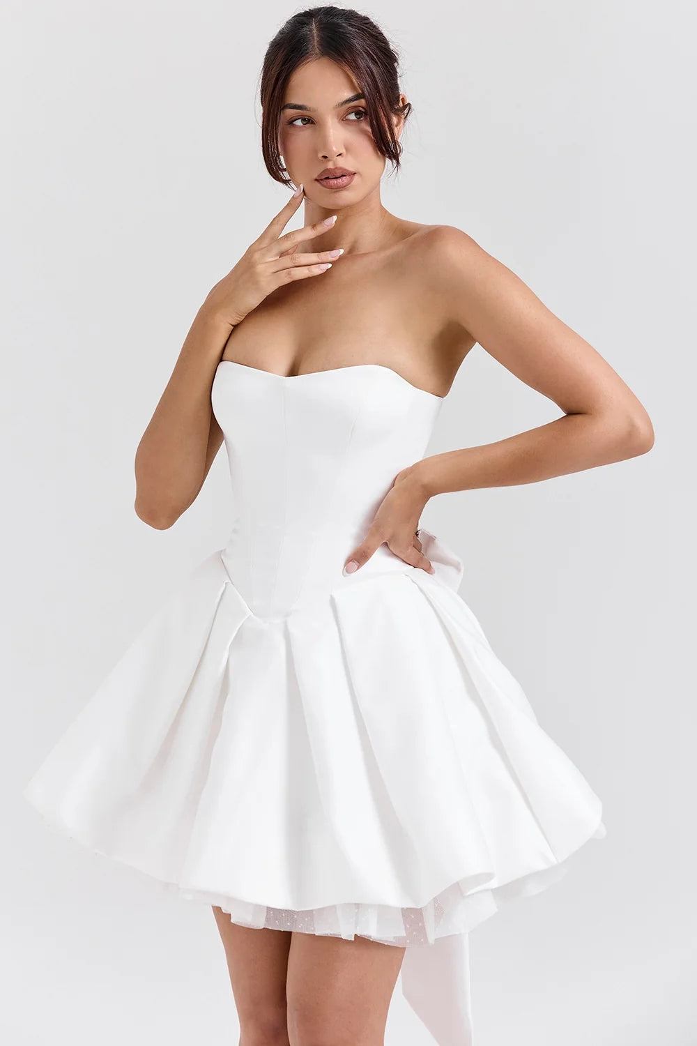 white satin strapless bow mini gown