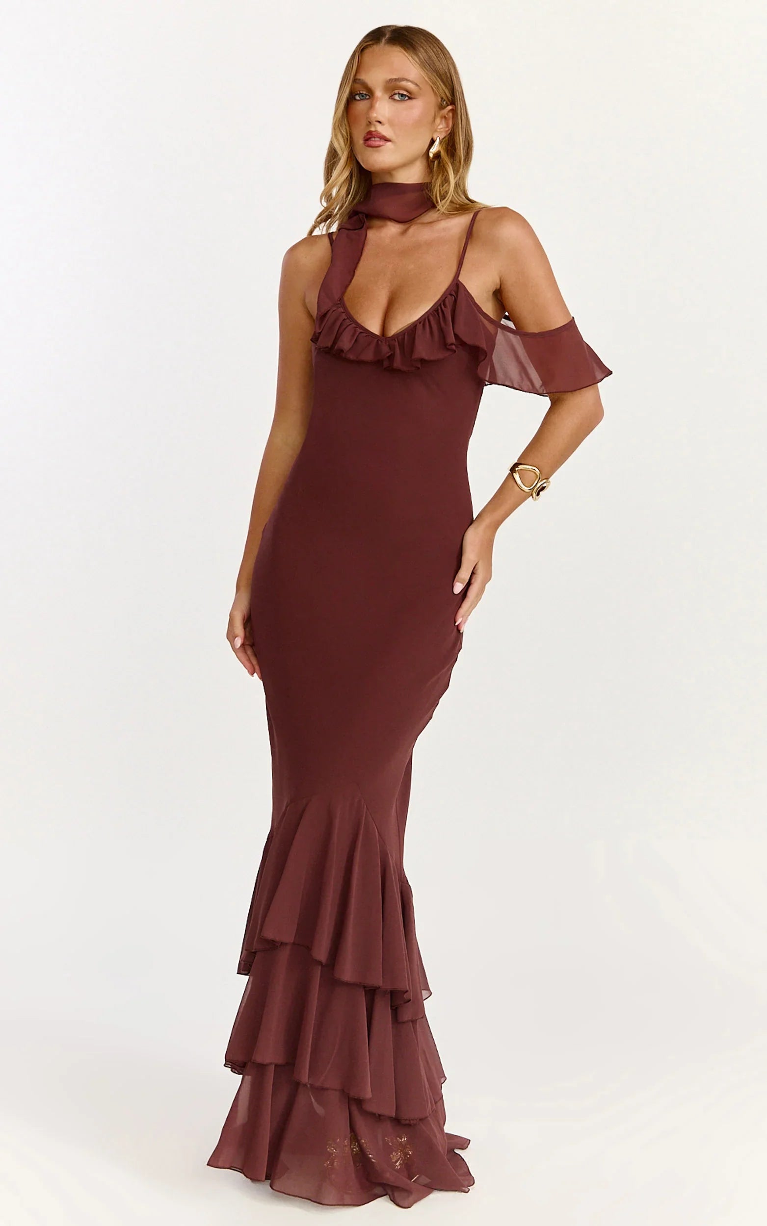 Riley Maxi Dress Asymmetric Ruffle Detail Maxi Dress in Chocolate