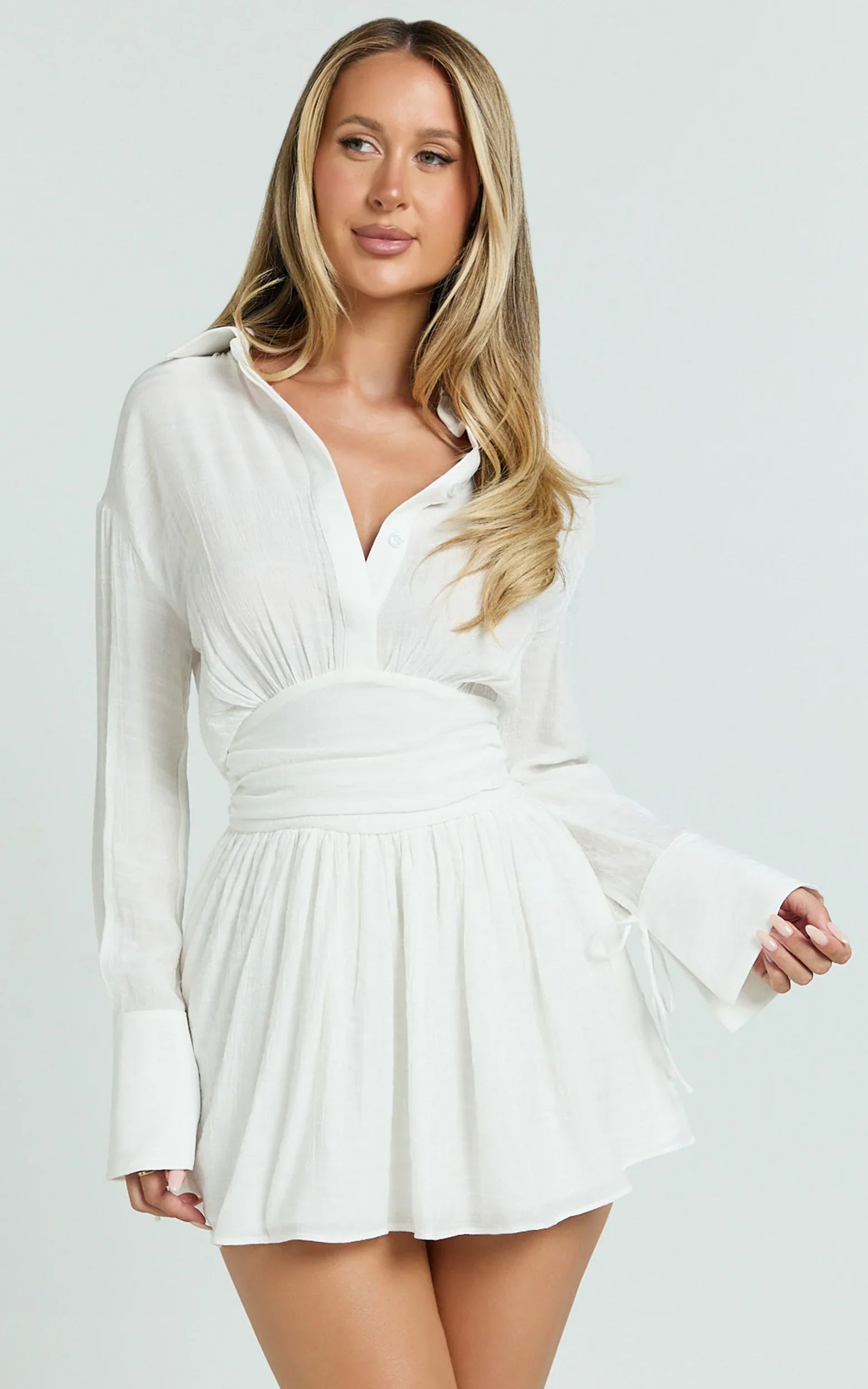 Valerie Mini Dress Collared Long Sleeve Waist Shirt Dress in White