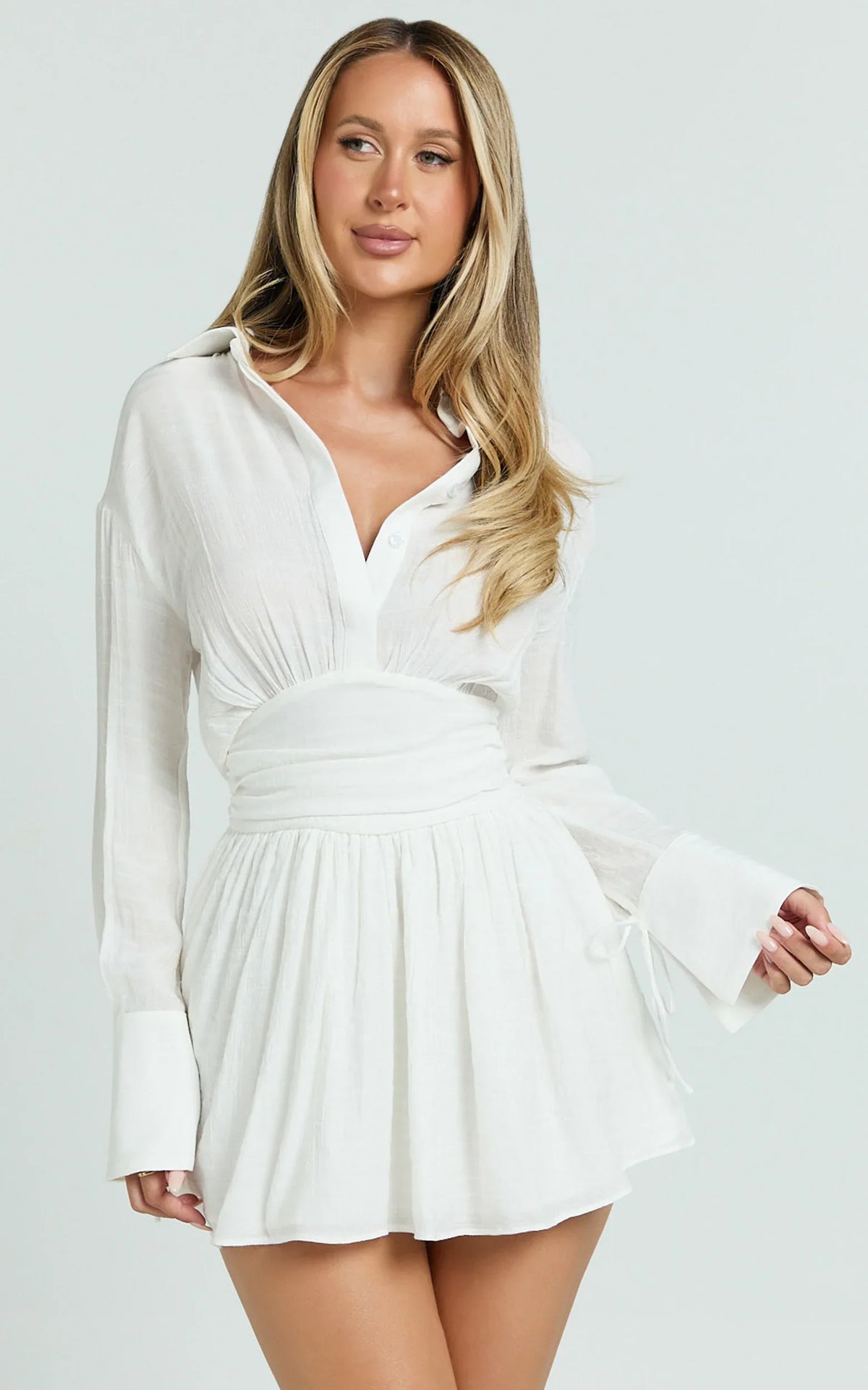 Valerie Mini Dress Collared Long Sleeve Waist Shirt Dress in White