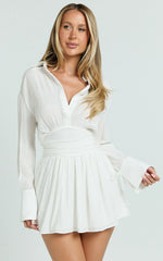 Valerie Mini Dress Collared Long Sleeve Waist Shirt Dress in White