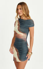 Bella Mini Dress Mesh Off Shoulder Dress in Rust Print