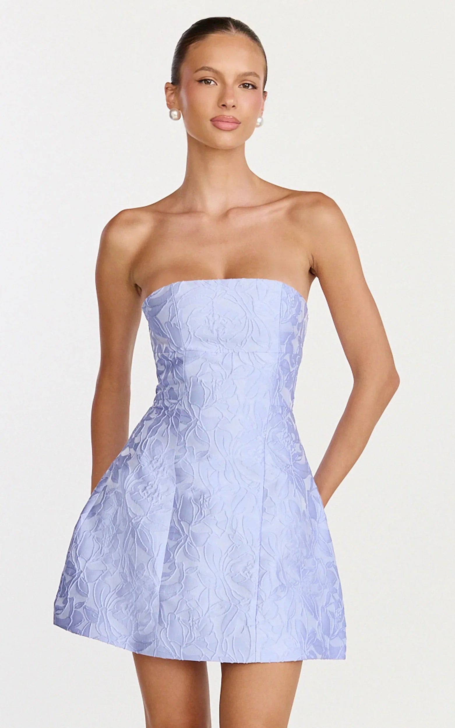 Rosalie Mini Dress Strapless Jacquard Floral Mini Dress in Blue