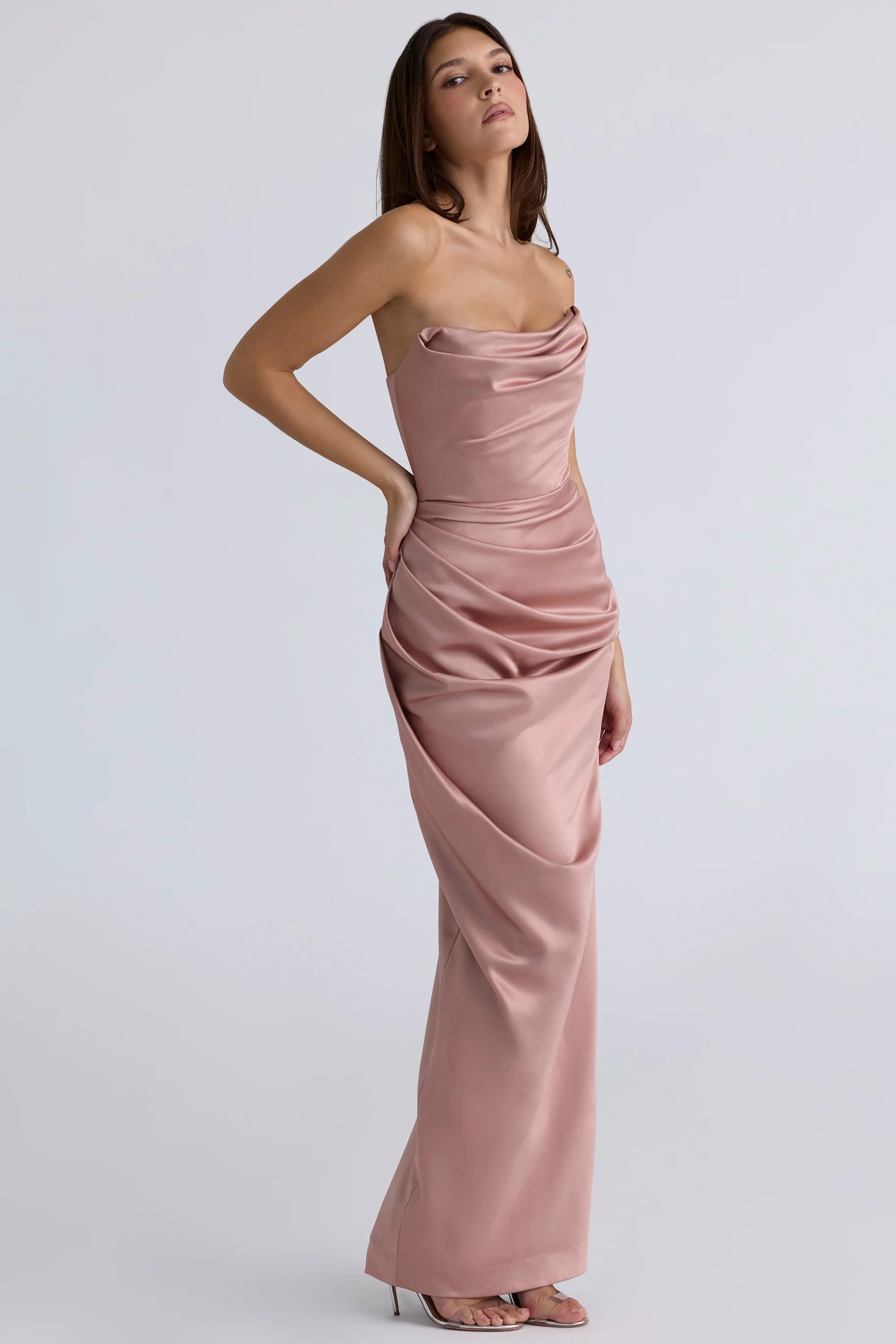 blush satin strapless gown
